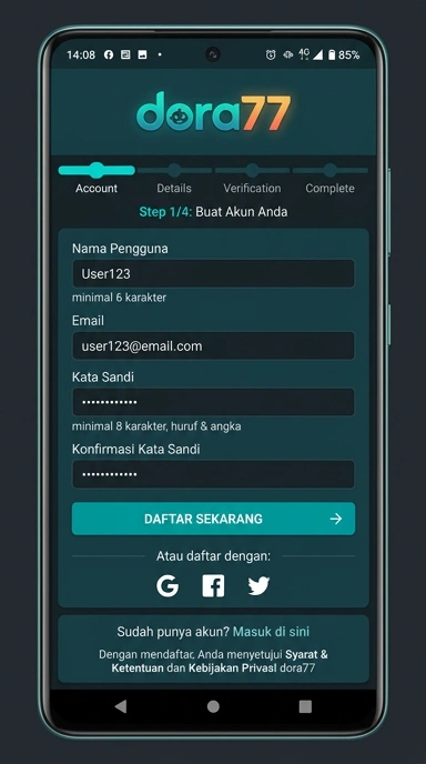 Tampilan halaman daftar dora77